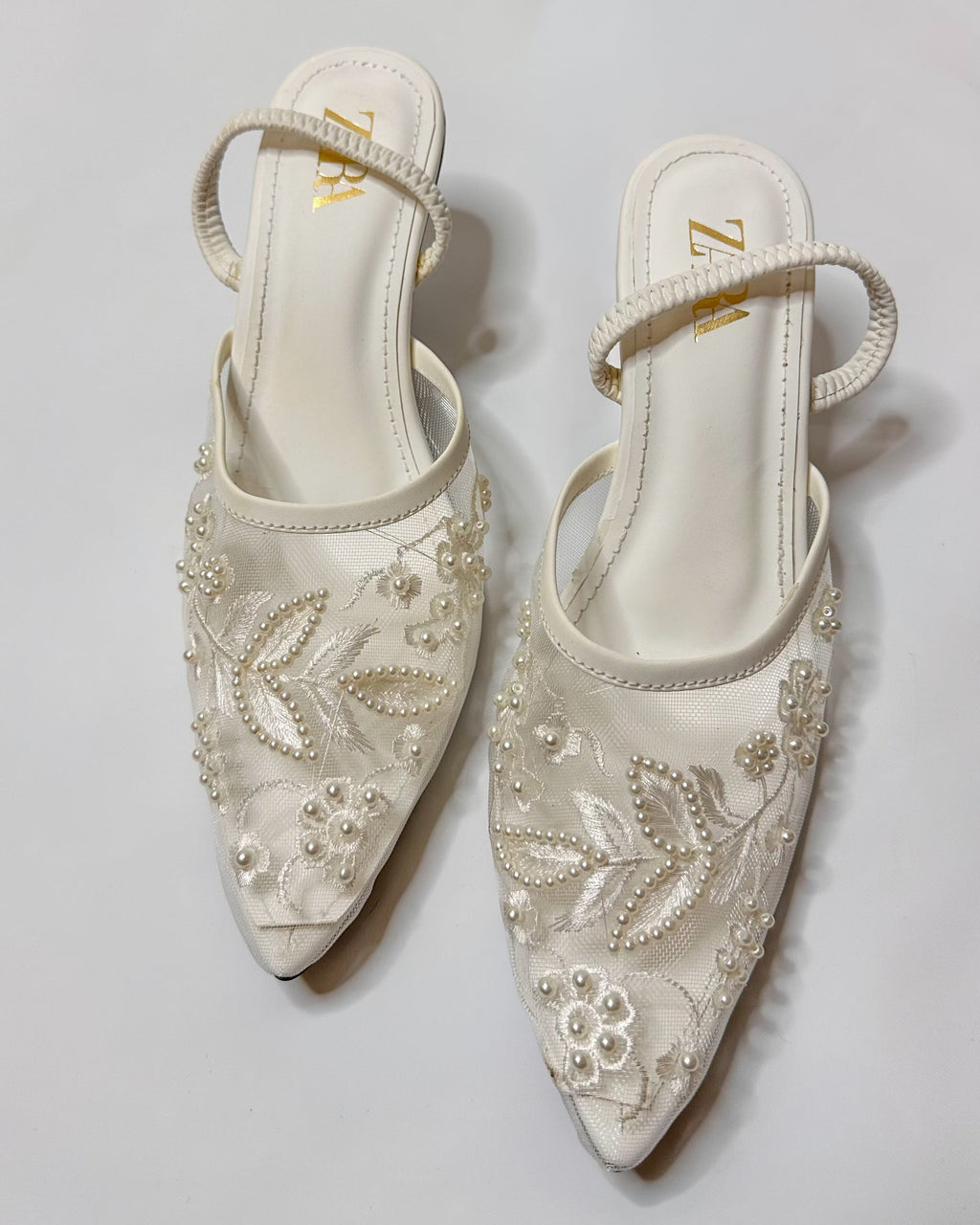 Zara Embroidered Slingback Heels White