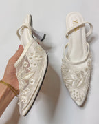 Zara Embroidered Slingback Heels White