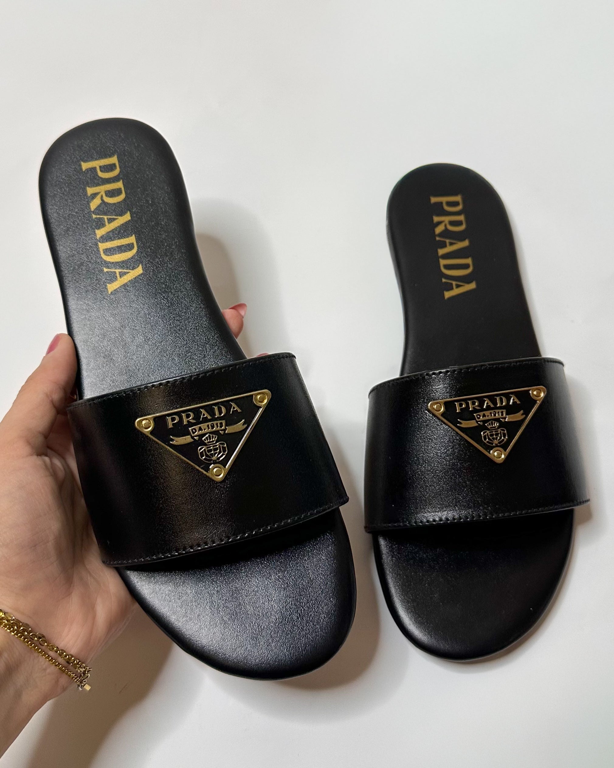Prada Logo Slide Sandals Black