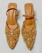 Zara Embroidered Slingback Heels Beige