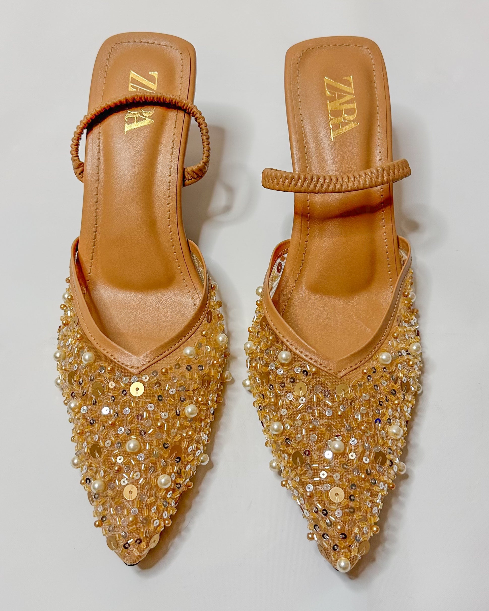 Zara Embroidered Slingback Heels Beige