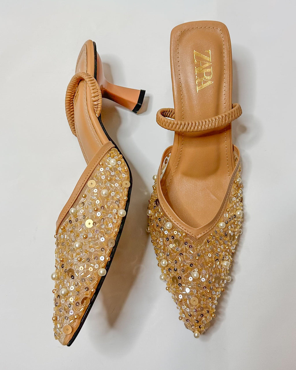 Zara Embroidered Slingback Heels Beige