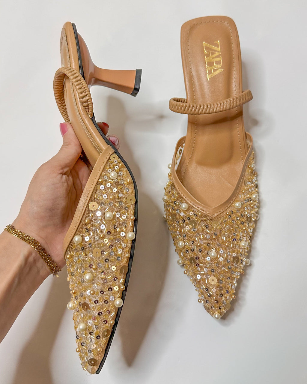 Zara Embroidered Slingback Heels Beige