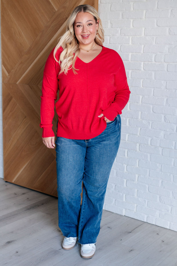 V-Neck Front Seam Sweater in Heather Red