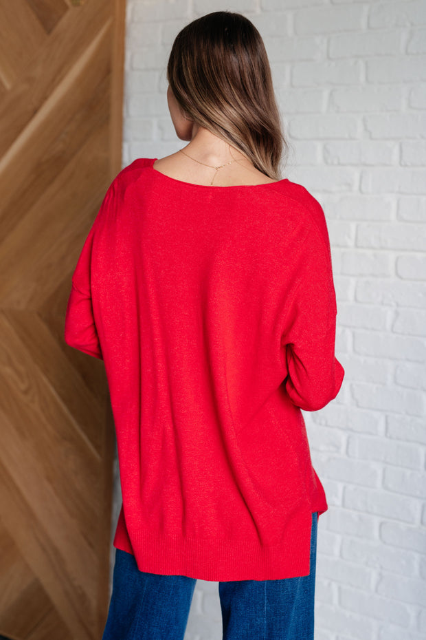 V-Neck Front Seam Sweater in Heather Red