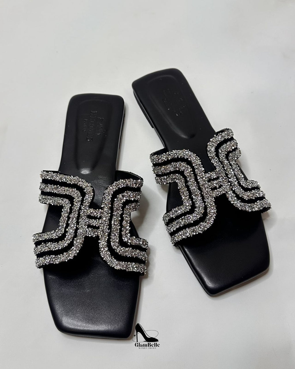 Hermes Oran Crystal Embellished Black Flats