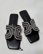 Hermes Oran Crystal Embellished Black Flats
