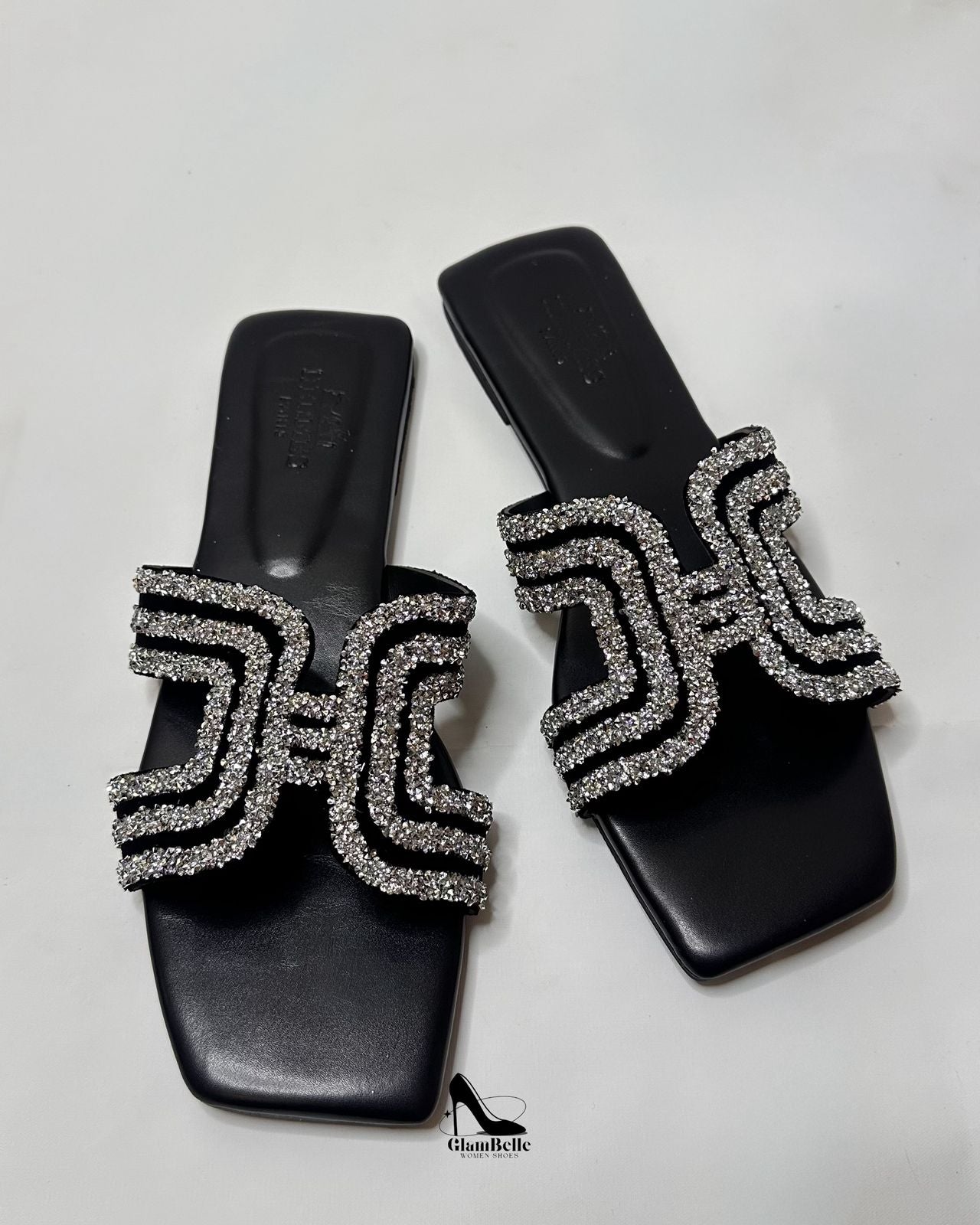 Hermes Oran Crystal Embellished Black Flats
