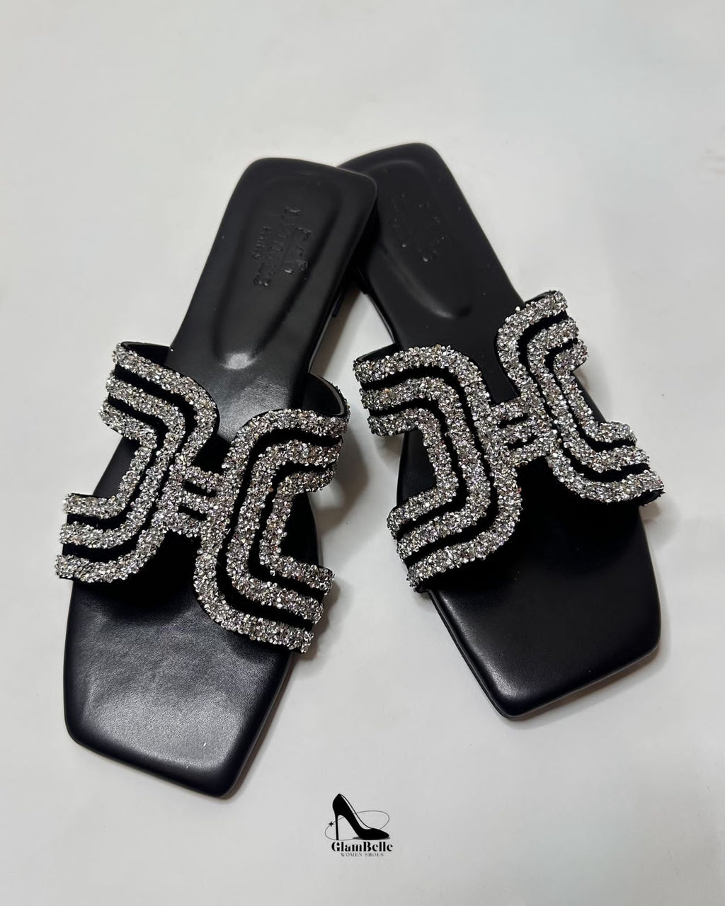 Hermes Oran Crystal Embellished Black Flats