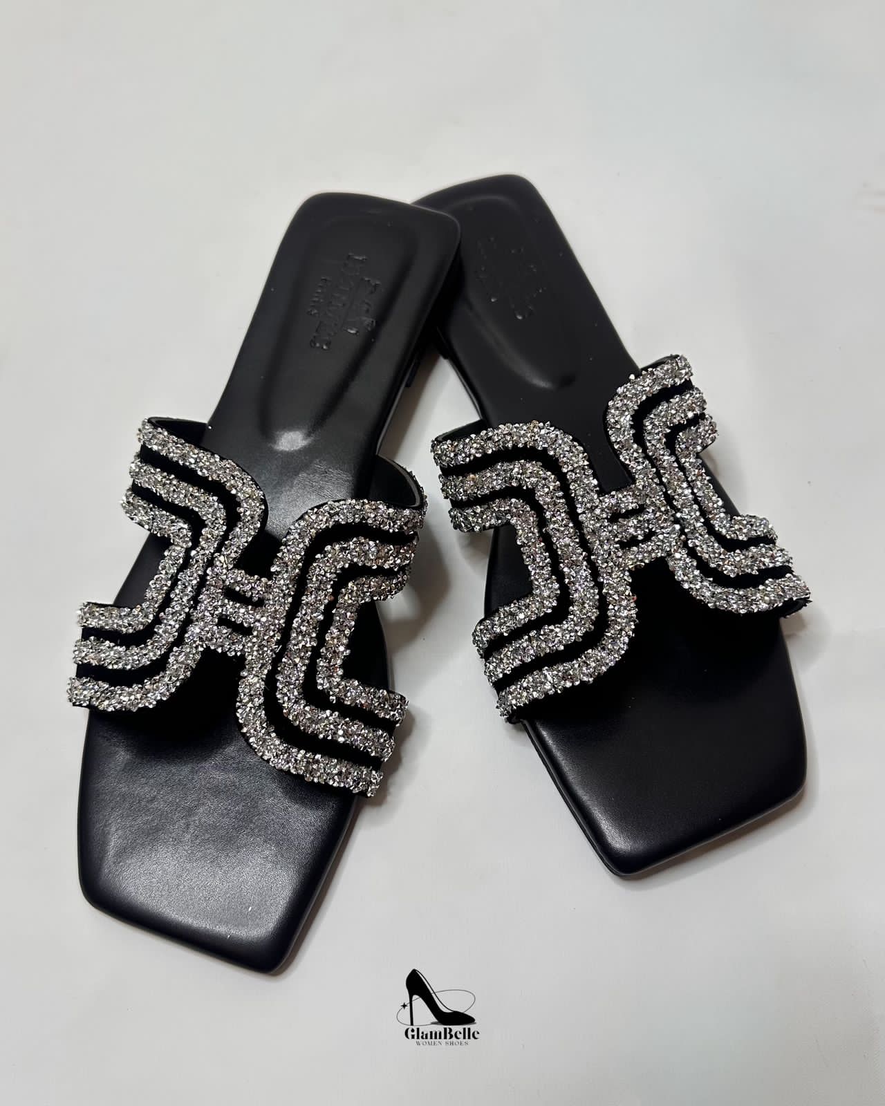 Hermes Oran Crystal Embellished Black Flats