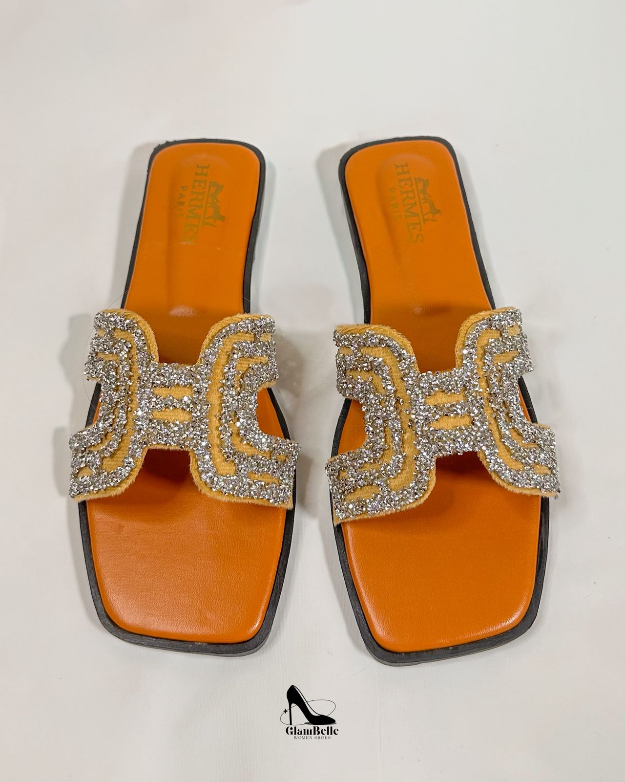 Hermes Oran Crystal Embellished Orange Flats