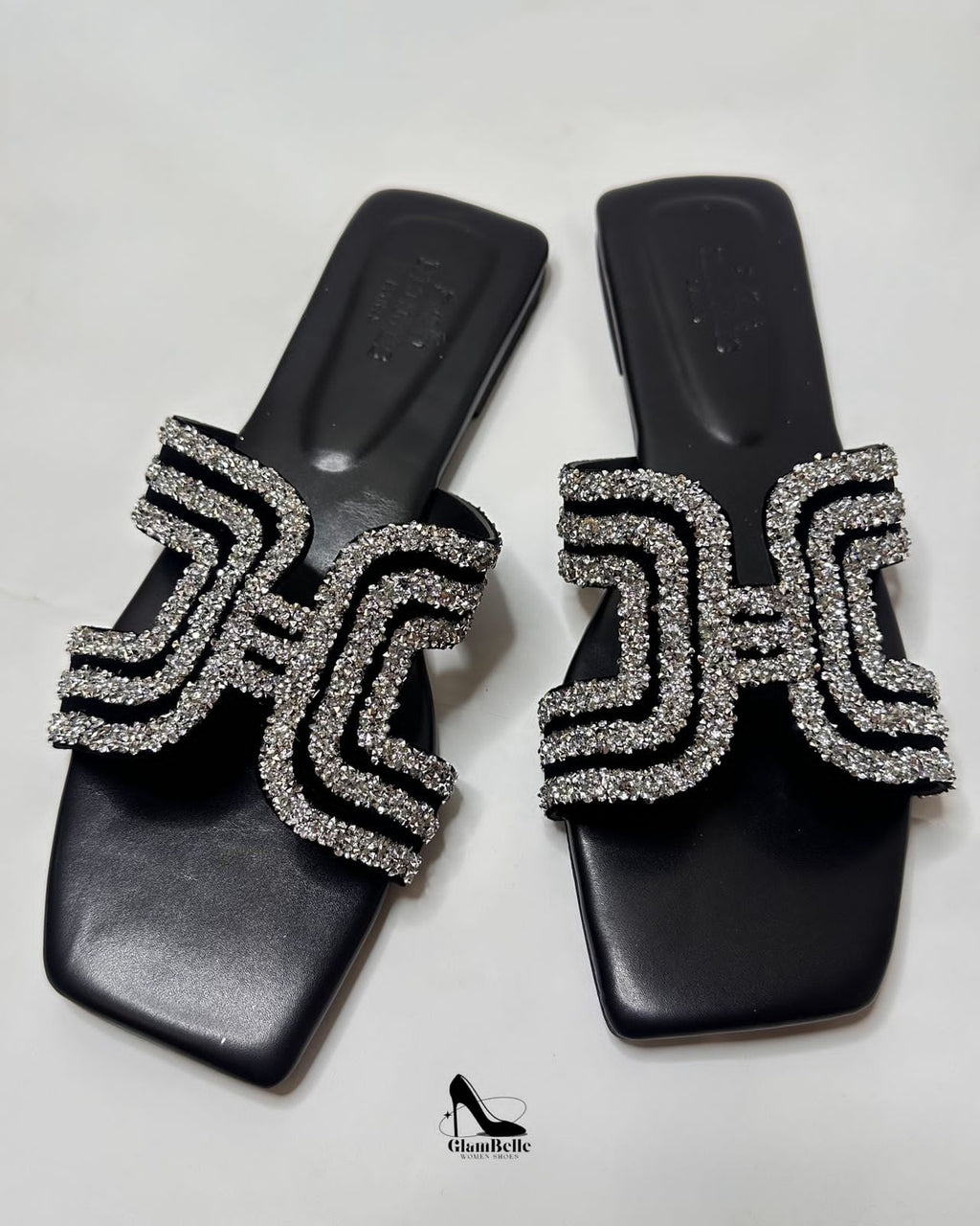 Hermes Oran Crystal Embellished Black Flats