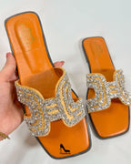Hermes Oran Crystal Embellished Orange Flats